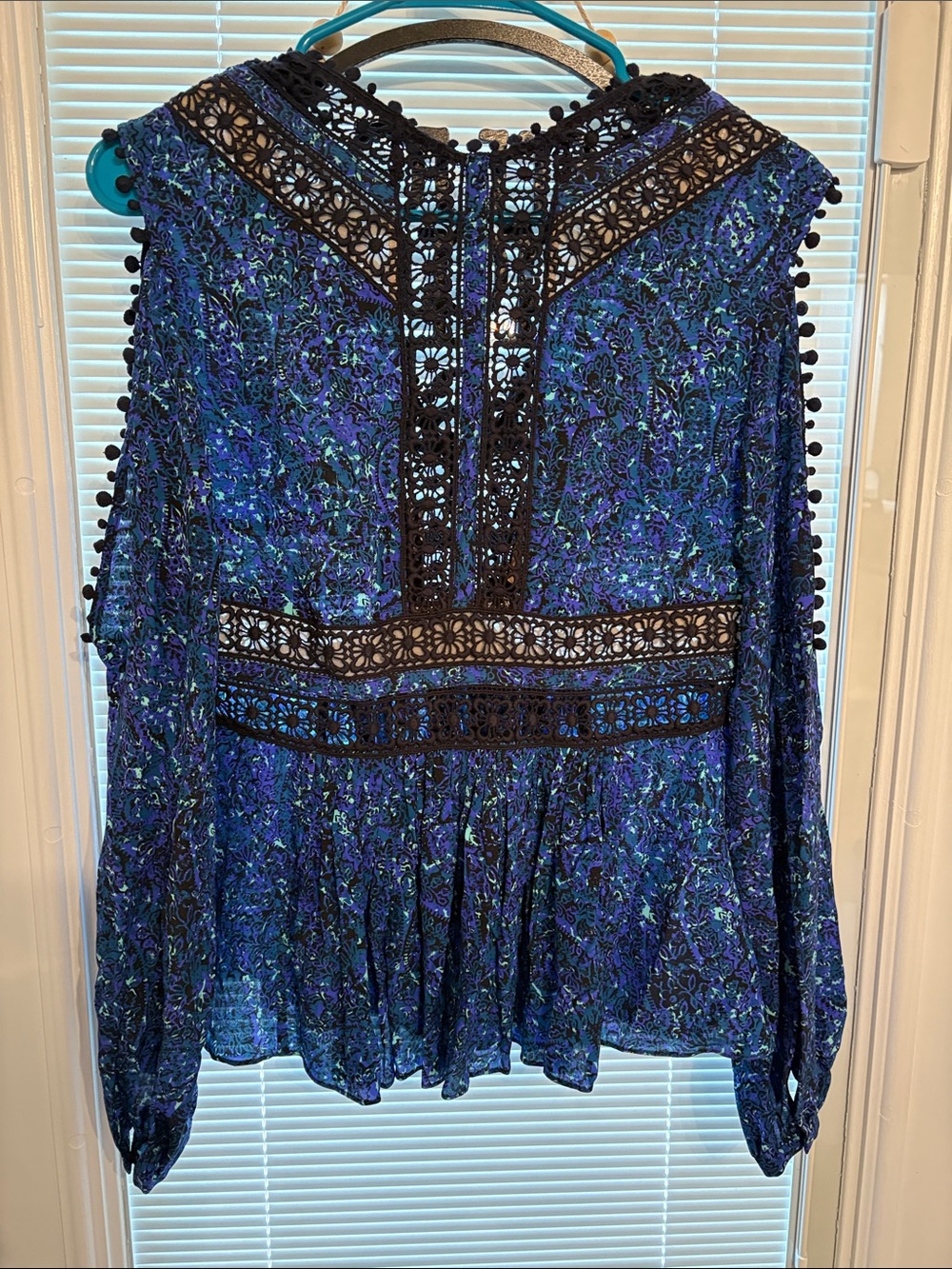 NWT Rebecca Taylor Blue Floral Printed Black Crochet Lace-Pom PomTrim 100% Silk - Picture 9 of 13